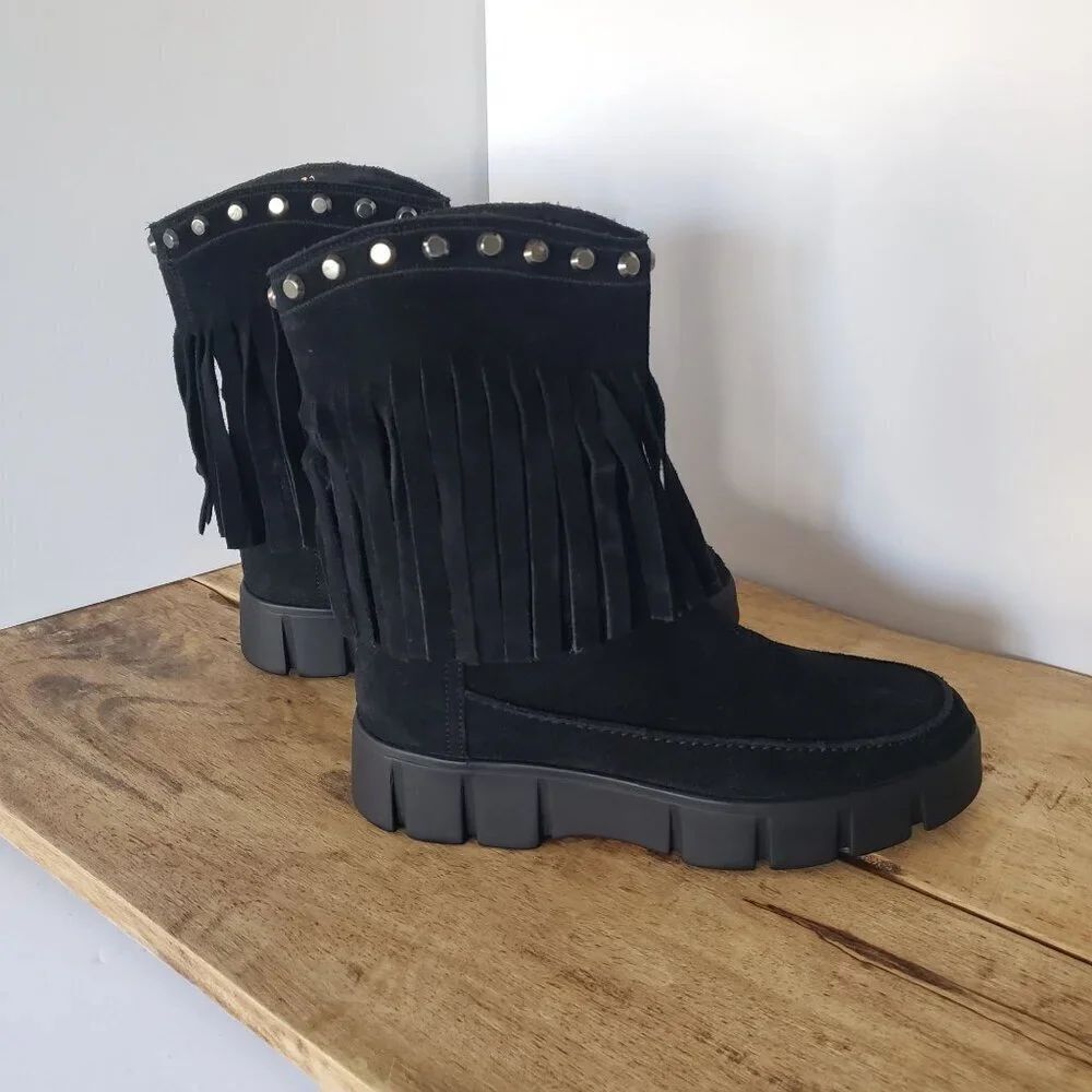 NWT Geox Ghoula Suede Fringe Studded Mid-Calf Chunky Lug Sole Winter Boots Sz 8